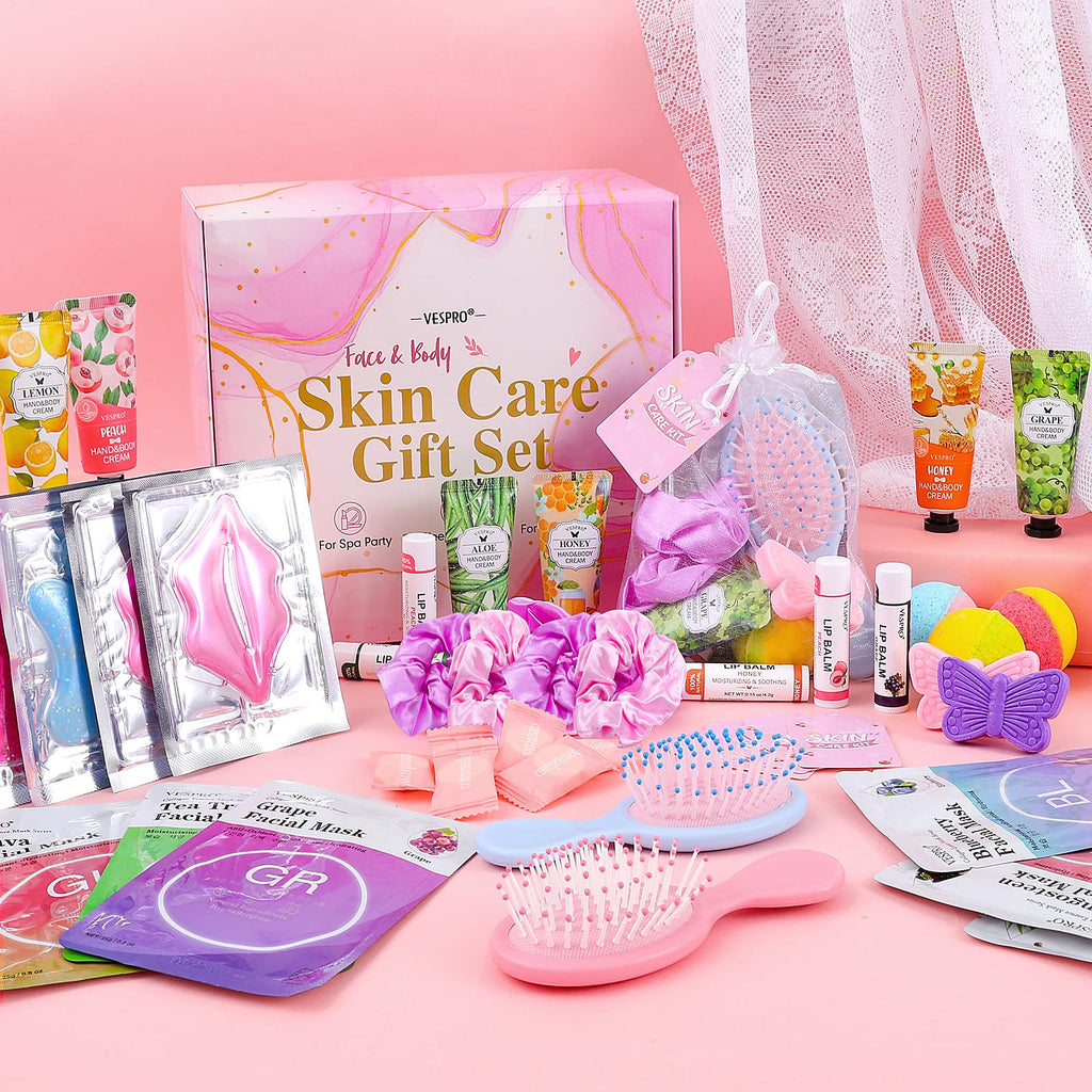 VESPRO 110PCS Spa Party Supplies for Girls, Spa Day Kit Include Face Masks Skincare, Hand Cream, Lip Balm, Under Eye Patches, Mini Hair Brush, Spa Birthday Sleepover Party Supplies for Teen Girls