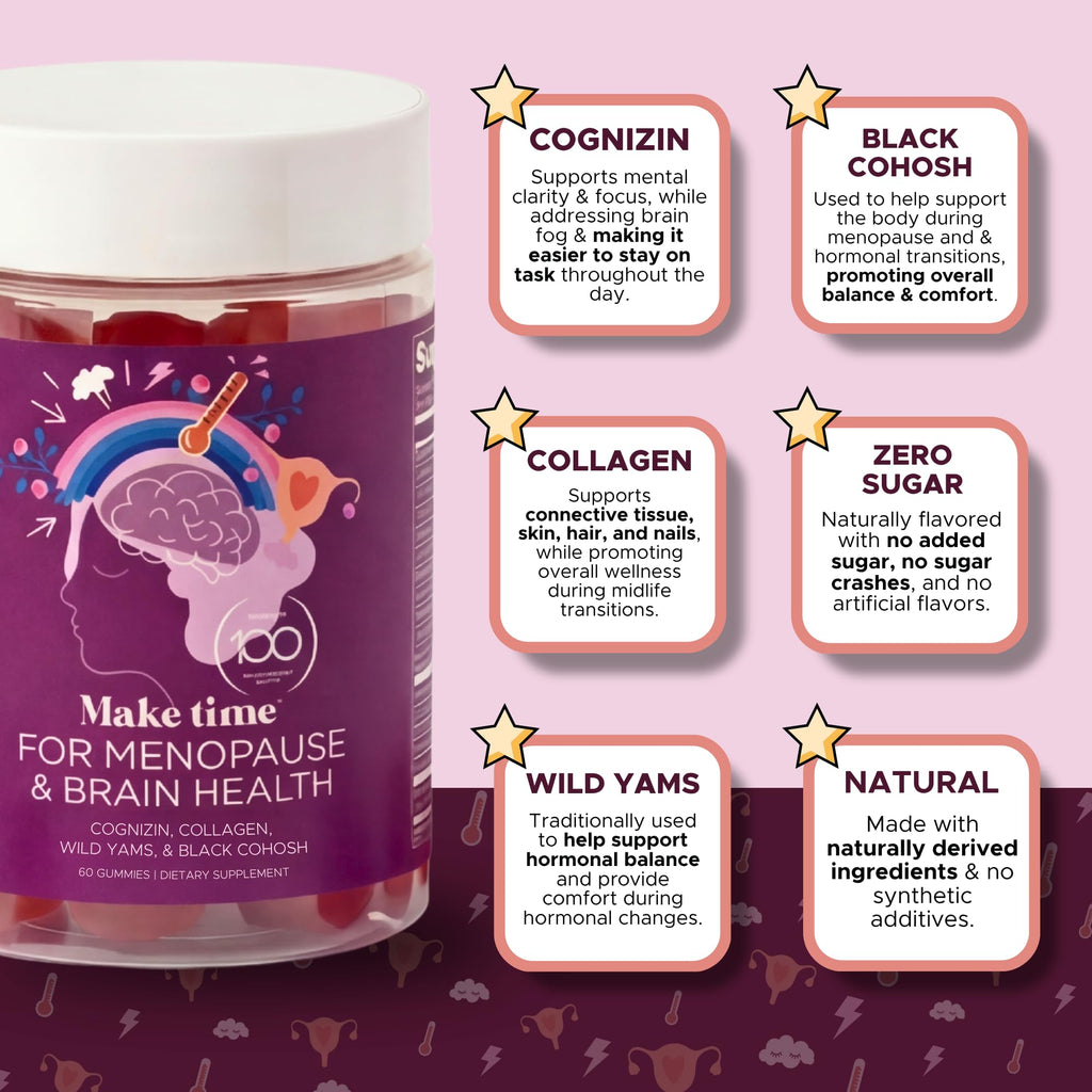 MAKE TIME | Menopause Support Gummies for Women – Cognizin Citicoline, Black Cohosh, Wild Yam, Collagen, B Vitamins – Brain Health, Hormonal Balance & Focus Support, Zero Sugar – 30 Day Supply