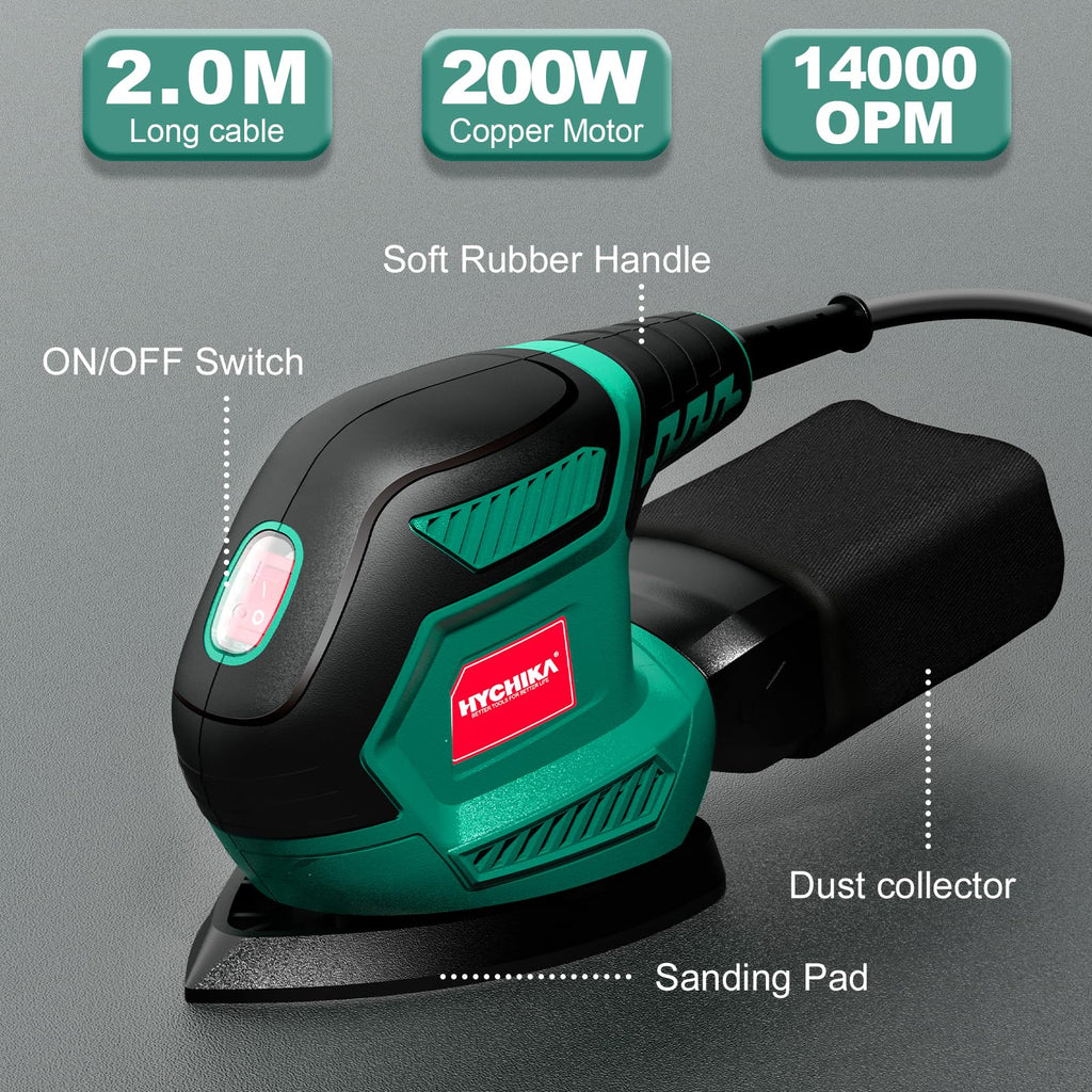 HYCHIKA Detail Sander, 14,000 OPM Compact Electric Sander Tool with 12 Pcs Sandpapers,Efficiency Dust Collection System,Suitable for Tight Spaces Sanding,Polishing,Removing Paint in Home Decoration