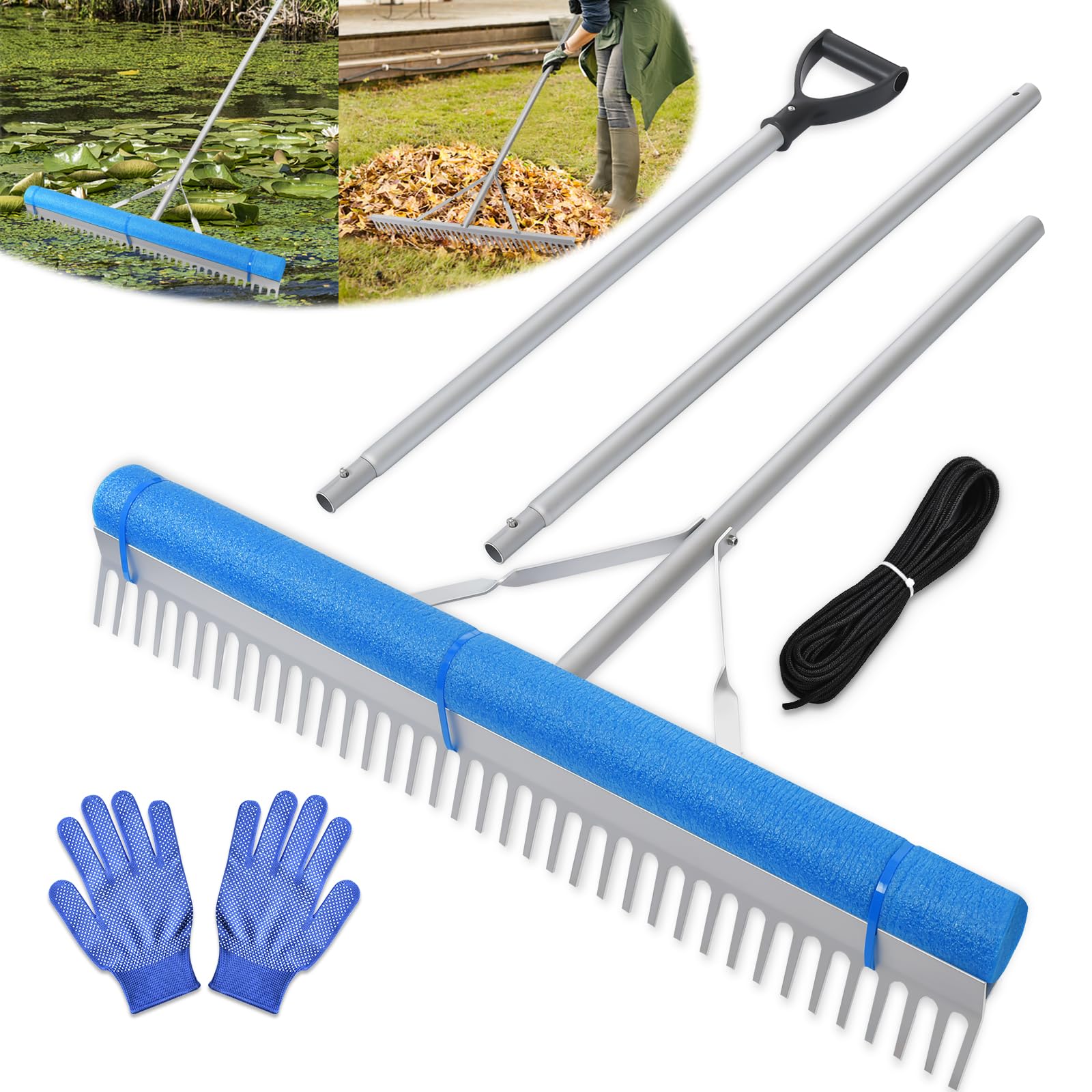 Floating Lake Rake, Leaf Collector for Gardening, 36" Aluminum Landscape Rake with Adjustable Handle, 33FT Rope & Float, Weed Algae Removal, Multifunctional Detachable Aquatic Weed Rakes