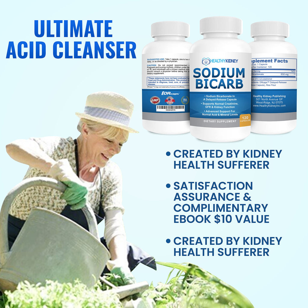 Sodium Bicarbonate 650mg Capsules Delayed Release for Supporting Normal Kidney Function & Kidney Supplement. Sodium Bicarbonate for Acid Relief, Alkalinity 120 Pills 2-Pack