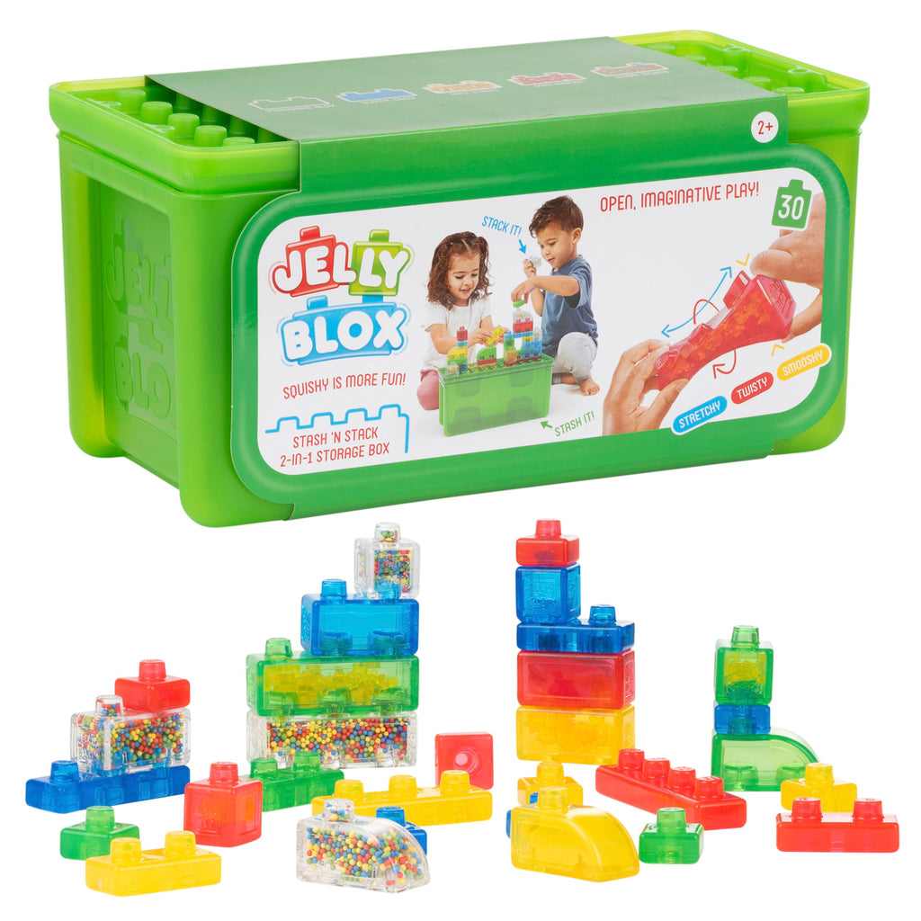 Jelly Blox Stash 'N Stack 2-in-1 Storage Case Including 30 Blocks | Toddler & Preschool Building Blocks Kids Can Squeeze & Stretch | Safety Tested & Ouch-Free | Tactile, Sensory Play Toy for Ages 2+