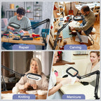 10X Large Magnifying Glass with Light and Clamp, Real Glass, 5 Color Modes, Stepless Dimmable, Lighted Magnifier with Stand Hands Free, LED Swing Arm Desk Lamp for Close Work, Craft, Reading, Painting