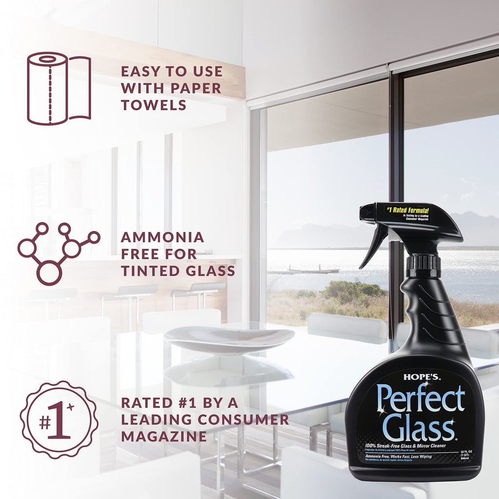 HOPE'S Perfect Glass Cleaner Spray, Streak-Free, Ammonia-Free Window, Mirror, Screen, Tinted Glass, and Shower Door Cleaner, Indoor and Outdoor Glass Surfaces, 32 Fl Oz, Pack of 2