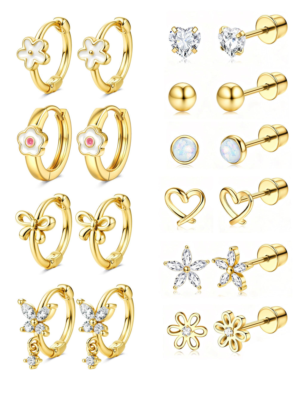 Hypoallergenic Screw Back Earrings for Girls Women - Surgical Steel 14K Gold Plated Cute Toddler Little Girl Kids Earrings for Sensitive Ears Heart CZ Flower Stud Hoop Earring Sets 10 Pairs
