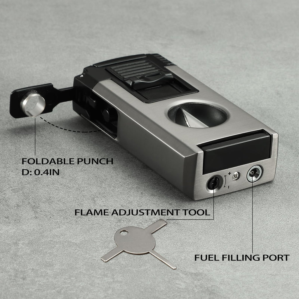 All in One Jet Flame Butane Torch Lighter Built-in Cutter V Cut, Punch, Holder Function, Draw Enhancer Tool, Refillable and Adjustable Windproof Gas Lighter, Black and Grey (Sold Without Gas)