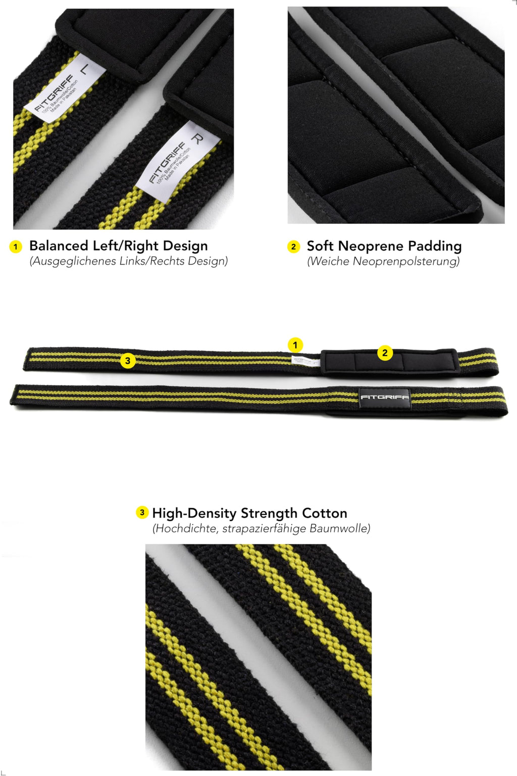 Fitgriff�� Lifting Wrist Straps for Weightlifting, Gym, Deadlift, Workout (Made of Premium Cotton & Padded) - Men & Women (Standard, Black/Yellow)