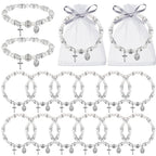 Taiyin 12 Pcs Rosary Bracelet Bulk with Mesh Bags, White Religious Rosary Bead Bracelet Catholic Bracelets, Baptism First Communion Gifts for Women (Silver)