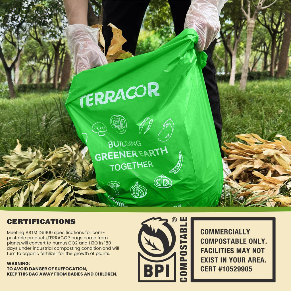 TERRACOR 13 Gallon Compostable Trash Bags,50 Count, Heavy Duty Tall Kitchen Food Scrap Waste Bag,Certified BPI and ASTM D6400 Standard