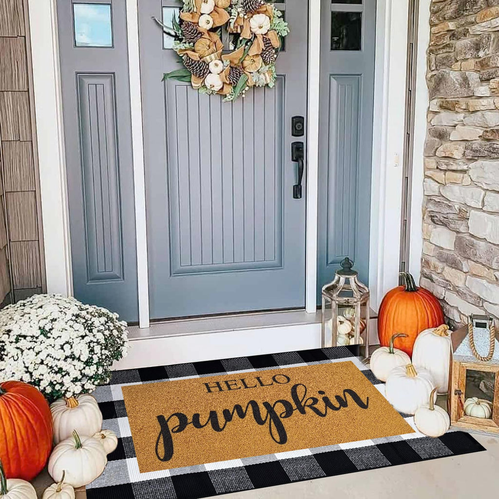 2 Pcs Fall Door Mat Combo Set Imitation Coir Welcome Mat, 43" x 28" Buffalo Plaid Rug Outdoor for Fall Halloween Thanksgiving Rustic Farmhouse Indoor Autumn Mats Hello Pumpkin (Black and White Plaid)