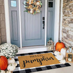 2 Pcs Fall Door Mat Combo Set Imitation Coir Welcome Mat, 43" x 28" Buffalo Plaid Rug Outdoor for Fall Halloween Thanksgiving Rustic Farmhouse Indoor Autumn Mats Hello Pumpkin (Black and White Plaid)