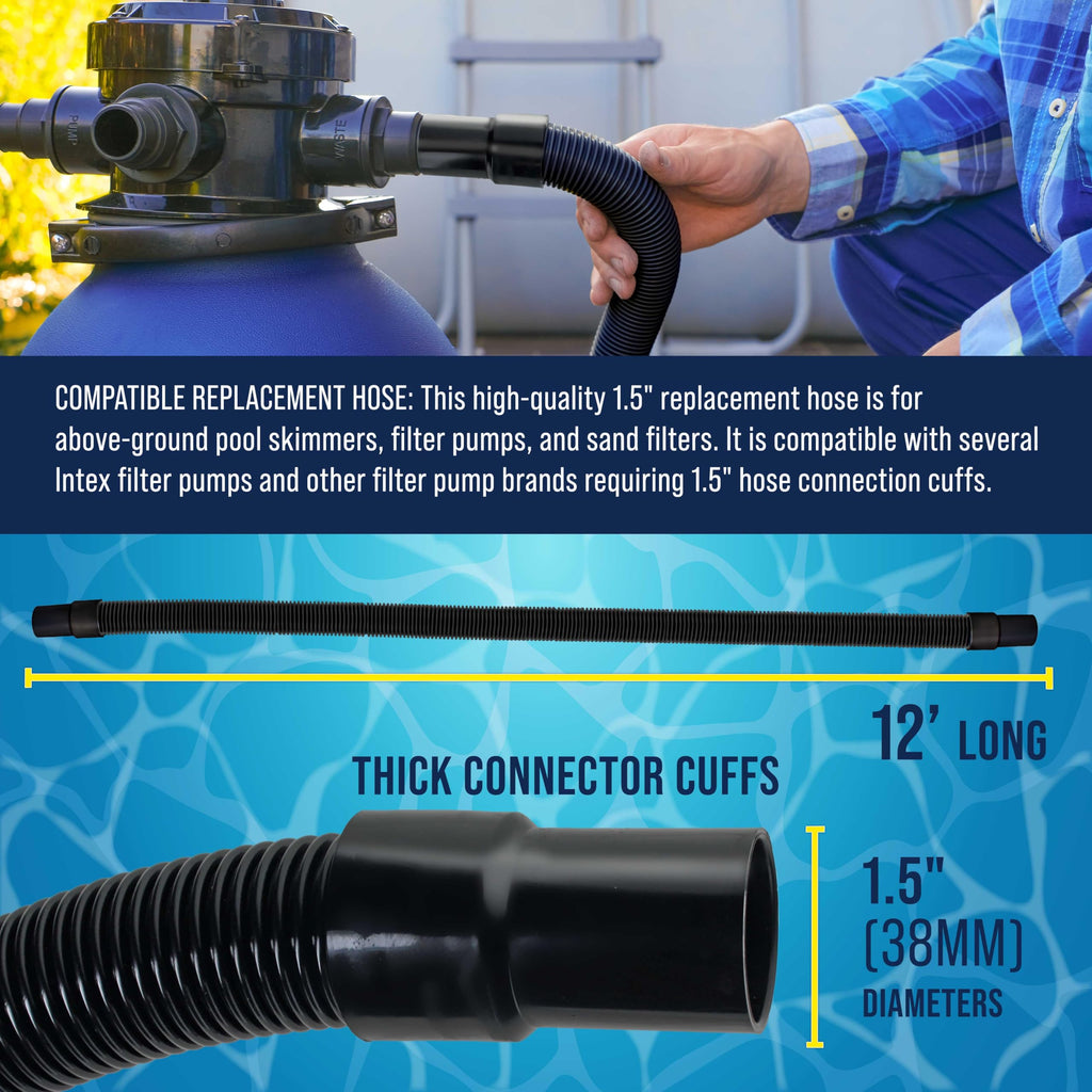 U.S. Pool Supply 12 Foot Heavy-Duty Above Ground Pool Hose, 1.5" - Black Replacement Filter Connecting Hose, Flexible Spiral Wound EVA - Compatible with Intex for Pool Filter Pumps -Skimmer Pump