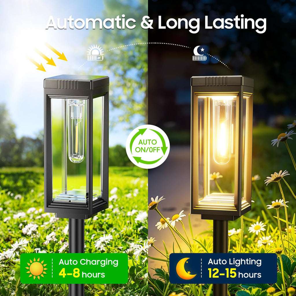 VICOUP 4 Pack Tall Solar Pathway Lights Outdoor, Bright Solar Powered Garden Lights Waterproof, Auto On/Off, Up to 15Hrs Outdoor Light for Path Yard Walkway Driveway Patio Lawn Decor Landscape