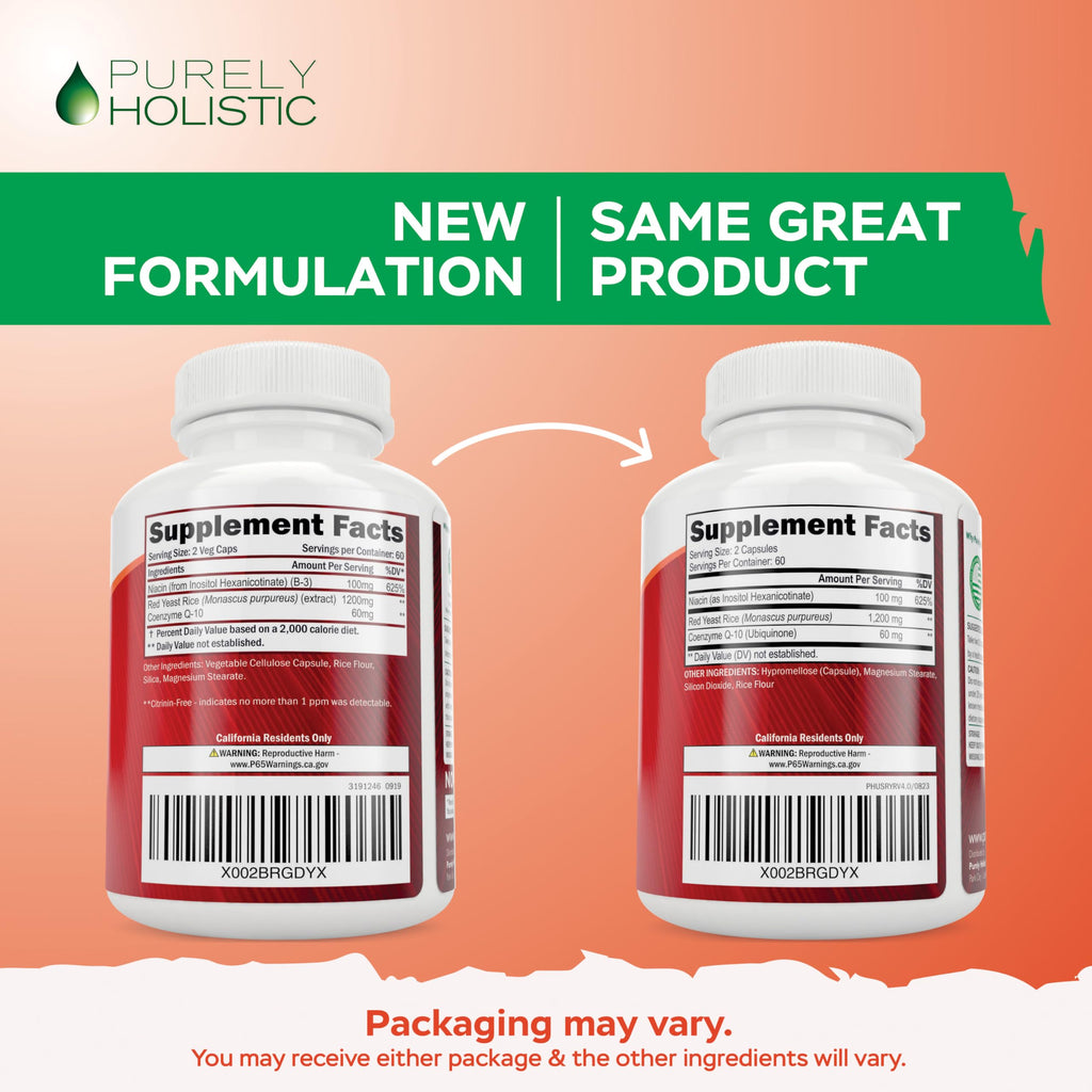 Purely Holistic Red Yeast Rice 1200mg with CoQ10 Supplement & Flush Free Niacin 120 Extra Strength Vegetarian Capsules – Advanced Healthy Heart Formula - Non-Irradiated, Citrinin Free