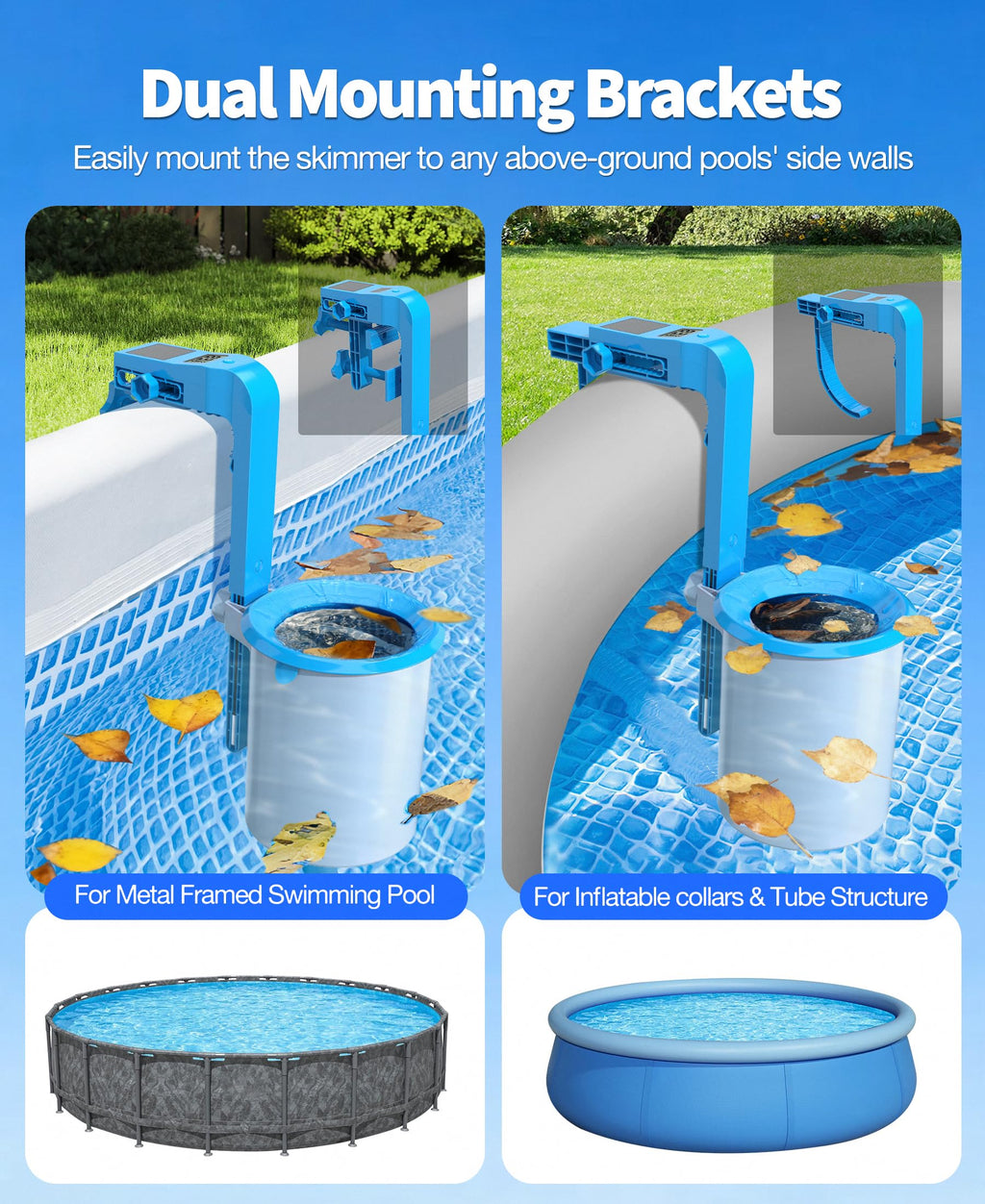 DeeprClean Newly Above Ground Pool Skimmer with Solar Digital Thermometer, Wall Mount Surface Skimmer with Adjustable Height Bracket, Auto Skimming for Pool Surface Floating Leaves & Debris - Blue