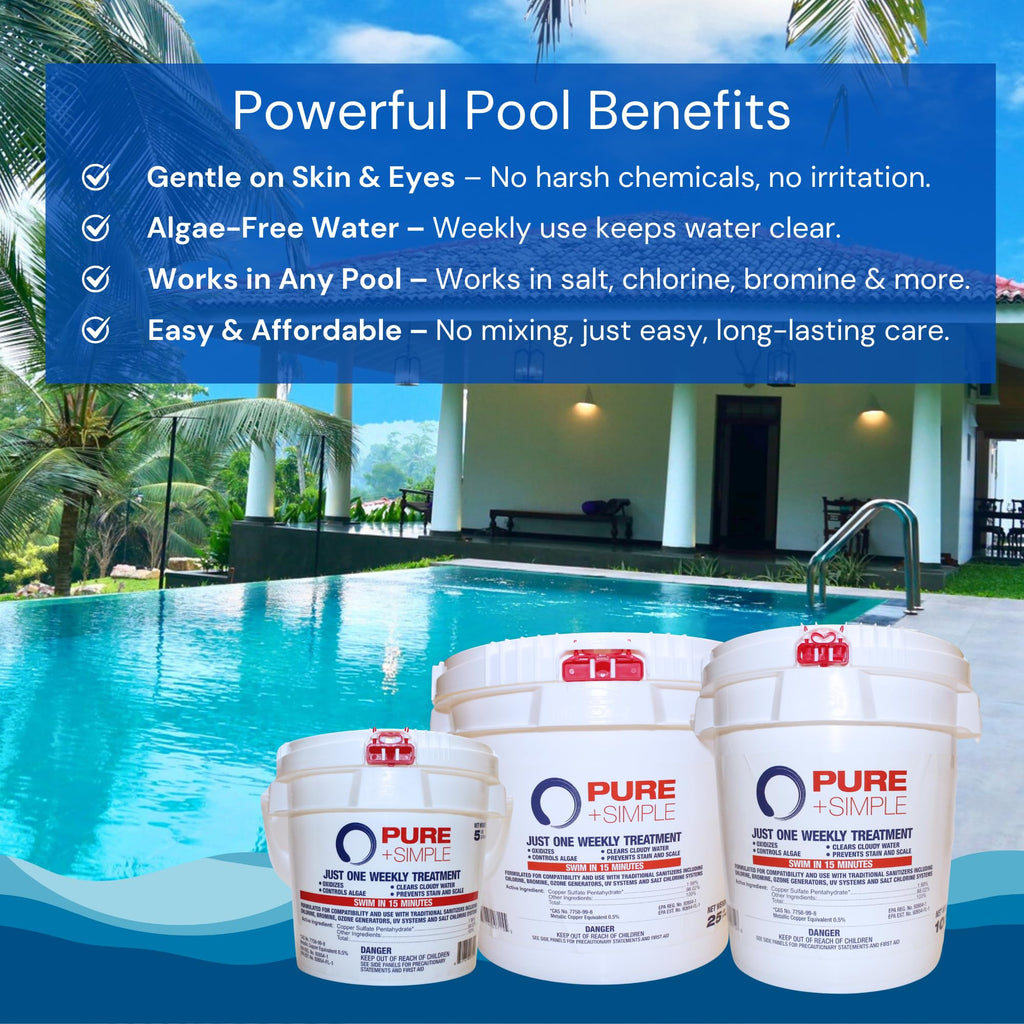 Pure + Simple | All-in-One Weekly Pool Treatment | Controls Algae & Clarifier for Swimming Pools with Copper-Based Formula | Ideal for Above Ground and Inground Use - 25 lbs