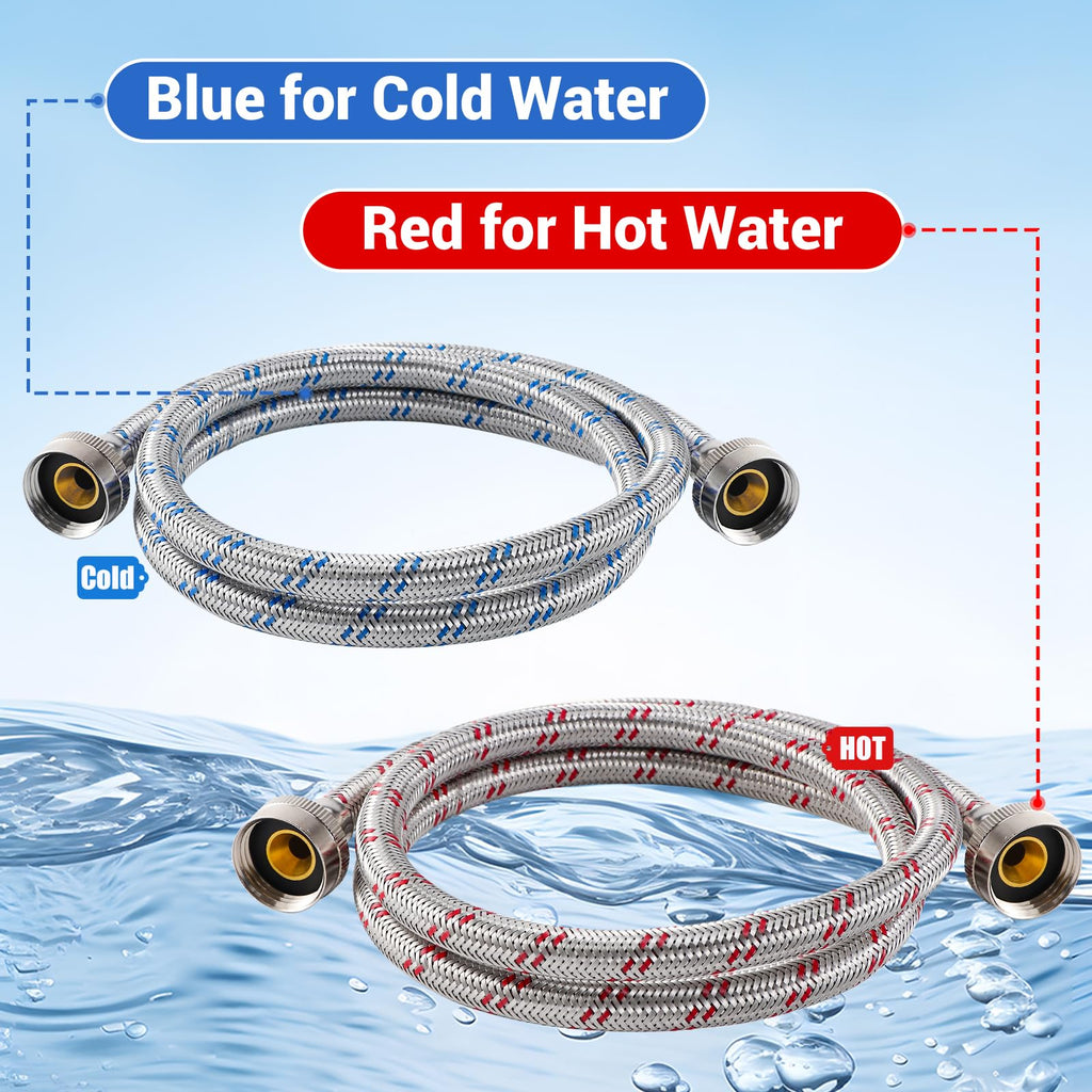 Yejesiy 4 Ft Washing Machine Hoses, 2 Packs Premium Stainless Steel Washer Hoses Burst Proof, Hot and Cold Striped Water Supply Hoses with 3/4'' Standard Interface fit for ALL Washer