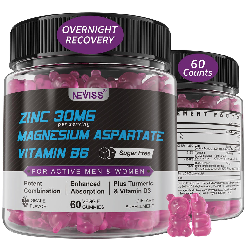 Zinc and Magnesium Supplement, Zinc Magnesium Aspartate Post Workout Gummies for Men Women, with Vitamin B6, B12, D3, Turmeric for Nighttime Recovery, Reduce Fatigue, Boost Immunity & Sleep, 60 Count