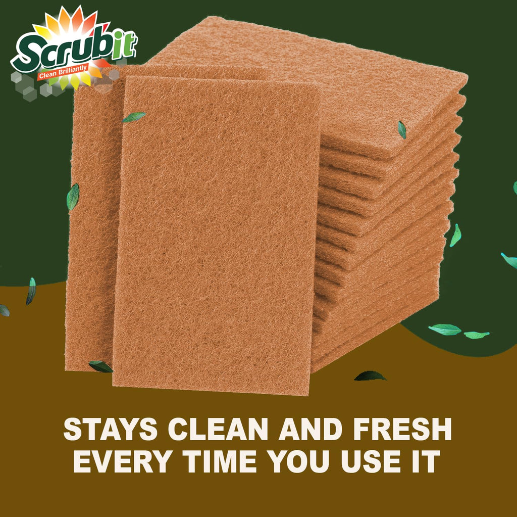 SCRUBIT 50 Pack Natural Scouring Pads - Heavy Duty Scrubbing Pads for Dishes - Non-Scratch - Reusable - Natural, Eco-Friendly, Biodegradable Sisal Brown Sponges for Dishes, Compostable