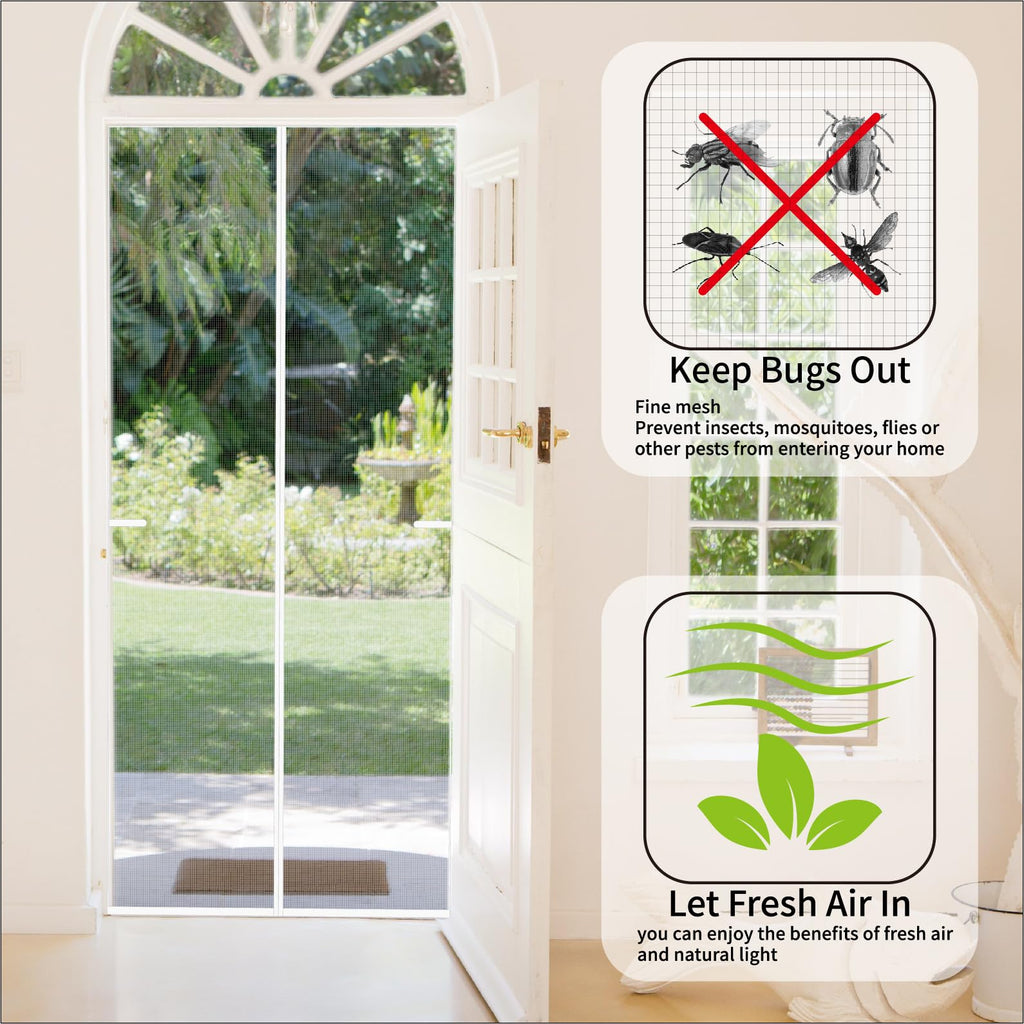 CHIYUNS White Screen Door Mesh Magnetic Closure Heavy Duty 72 x 80 inch, Self Closing Fiberglass Mosquito Net with Magnet for Doors, Bug Fly Screens Curtain for Doorway, Keep Bugs Out, Pet Friendly