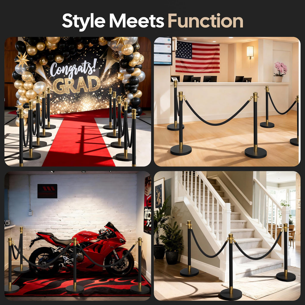 6 Pack Black&Gold Stanchions and Velvet Ropes Set, Stainless Steel Crowd Control Barriers, 4Pcs Black Ropes and Poles for Party Supplies,Photobooth Accessories, Prom,Birthday,Business,Wedding, Museums