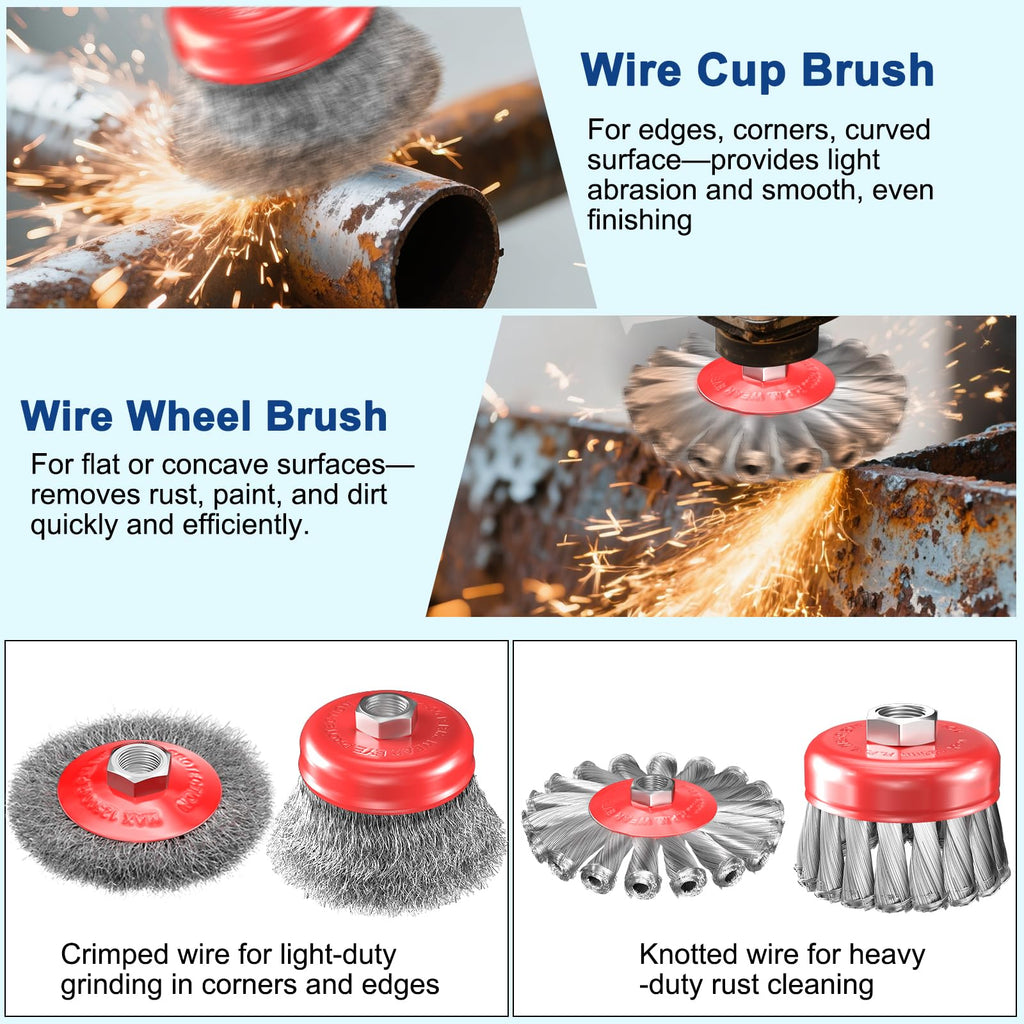 BURMONG 7 PCS Wire Wheel Brush for 4-1/2" Angle Grinder, Carbon Steel Knotted & Crimped Cup/Wheel Brushes (3" & 4"), Heavy Duty Rust, Paint, Corrosion Removal, 5/8"-11 UNC Threaded Arbor