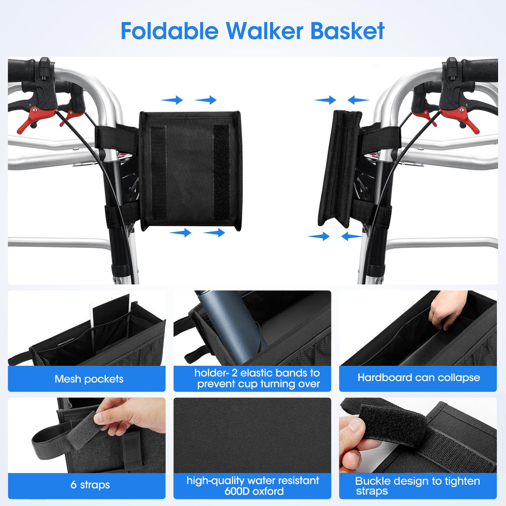 Dotday Upgraded Walker Basket with Cup Holder, Foldable Walker Bag with Large Capacity & Never Tipping Over- Not Fit for Rollator