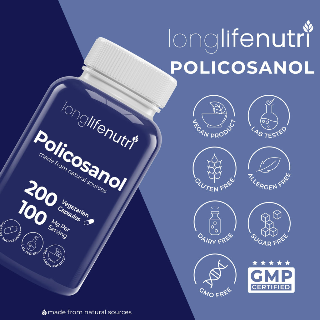 LongLifeNutri Policosanol 100mg - 200 Vegetarian Capsules, Natural Sugar Cane Supplement for Balanced Cholesterol, 3-Month Supply, Non-GMO, Lab Tested, Made in USA