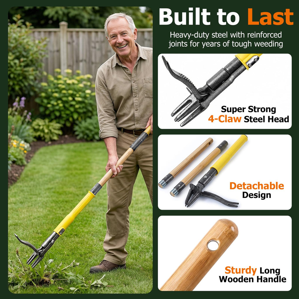 Weed Puller Tool Stand Up with Slide-Release Ejection, Reinforced Steel Weeder with 3-Section Long Handle, No-Touch Cleaning for Lawn & Garden, Heavy Duty No Bend Weeding Tool for Dandelions, Thistles