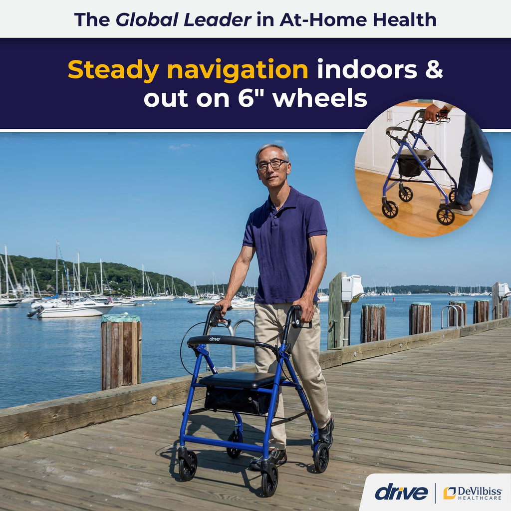Drive Medical Aluminum Rollator Walker - Fold Up - Padded Seat - 6 Inch Wheels - Lightweight Portable Design - Indoor Outdoor Mobility Aid - Blue