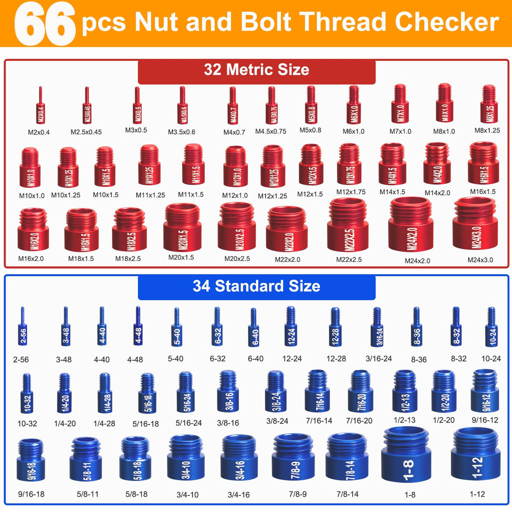 Comfylichi 66 Pcs Nut and Bolt Thread Checker - 34 Standard & 32 Metric, Detachable Bolt Size Finder Tool, Screw and Nut Identifier Thread Gauge Especially for Tight Spaces