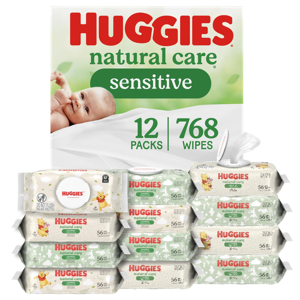 Huggies Natural Care Sensitive Baby Wipes, Unscented, Hypoallergenic, 99% Purified Water, 12 Flip-Top Packs (768 Wipes Total), Packaging May Vary