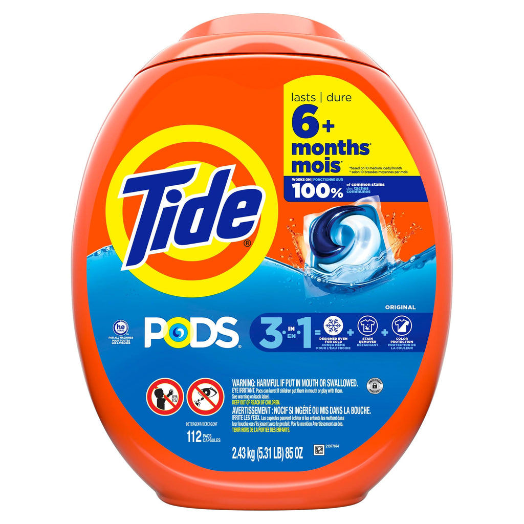 Tide PODS laundry detergent pacs, 3-in-1 Stain Remover, Odor Fighter, Color Protector, 112 Count, HE compatible, Original Scent