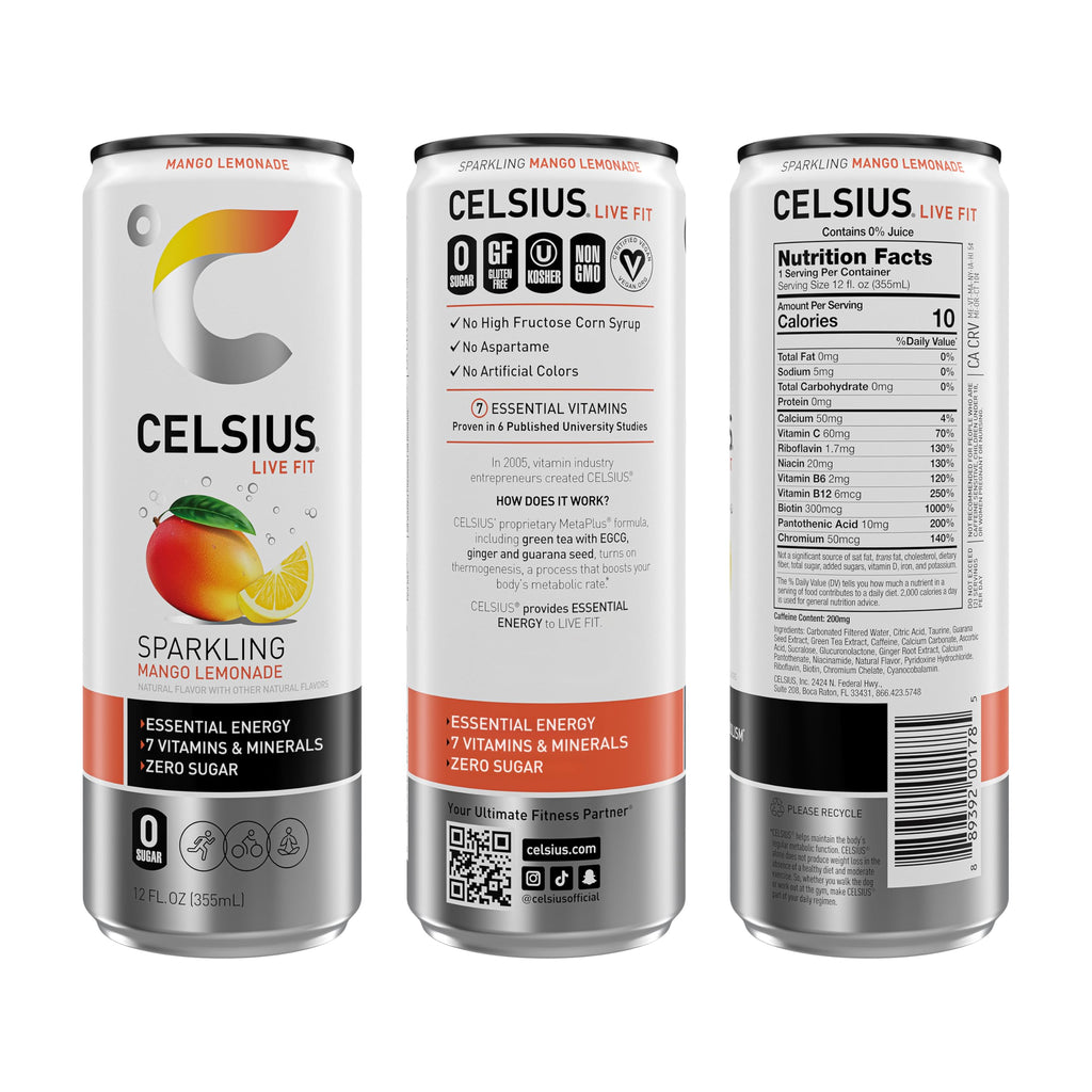 CELSIUS Sparkling Mango Lemonade, Sugar Free Energy Drink, 12 Fl Oz (Pack of 12)