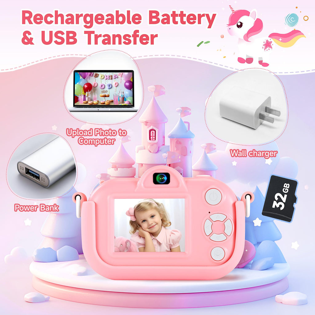 Kids Camera Toys for Ages 3 4 5 6 7 8 9 Girls, 48MP Dual Lens Toddler Digital Camera Christmas Birthday Gift, Kids Selfie Camera with 32G SD Card, Silicone Cover