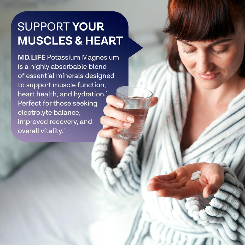 MD. Life Potassium Magnesium Supplement - 90 Capsules - Magnesium Potassium Supplement - High Absorption Complex - Support Vascular Health & Leg Cramp