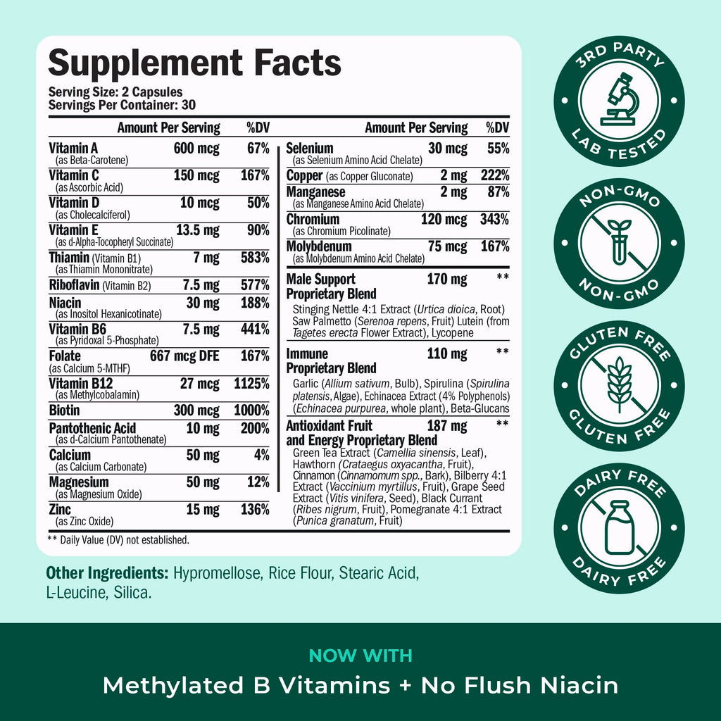 Methylated Multivitamin for Men with Bioavailable Vitamins, Chelated Minerals, Vitamin D, B12, C, A & Zinc for Energy, Focus and Immune Health – Premium Mens Multivitamins & Multiminerals – 60 Caps