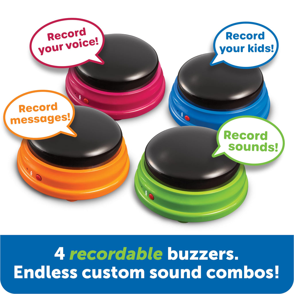 Learning Resources Recordable Answer Buzzers - Set of 4, Ages 3+ | Pre-K Personalized Sound Buzzers, Recordable Buttons, Game Show Buzzers, Perfect for Family Game and Trivia Nights