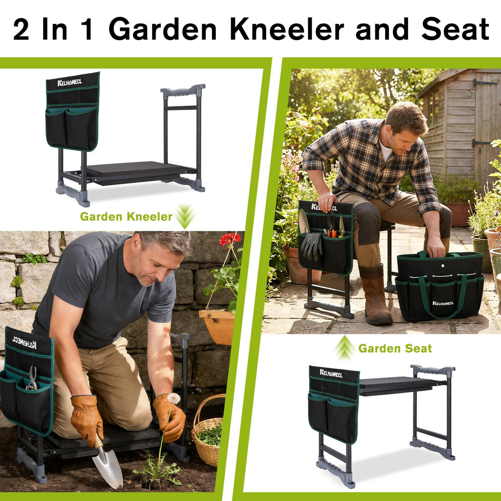 KELHOMECL Garden Kneeler and Seat with Umbrella, 2-in-1 Foldable Gardening Stool with Adjustable Bracket, Detachable Tool Bags, Heavy Duty Kneeler for Gardening (Beige Green)