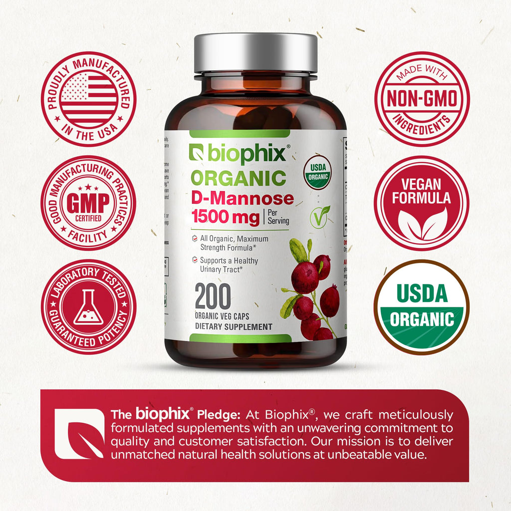 biophix D-Mannose USDA Organic 1500 mg 200 Veggie Caps - Supports a Healthy Bladder Urinary Tract, Non-GMO, Vegan-Friendly