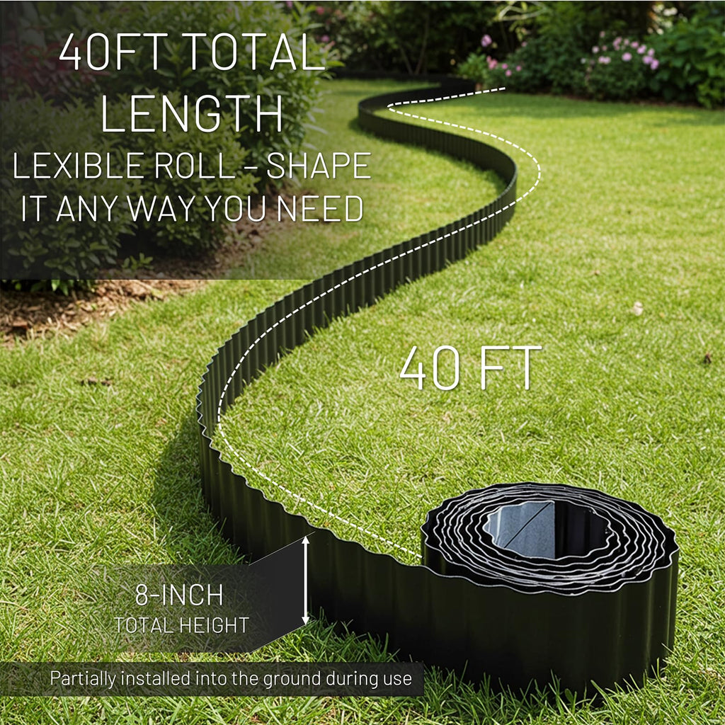 40FT x 8IN Flexible Corrugated Metal Garden Edging Roll, Rust Resistant Galvanized Steel Landscape Border, Flexible Lawn Edging for Flower Beds, Pathways & Outdoor Landscaping