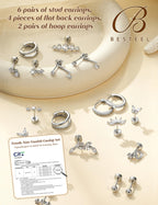 BESTEEL Hypoallergenic Flat Back Earrings for Women Sliver Stud Hoops Set