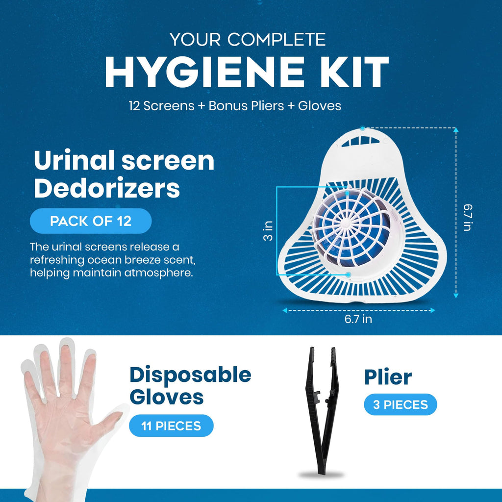 The ULTIMATE Urinal Cakes for Men Bathroom, Up to 3000 Flushes,12 Pack Urinal Screen Deodorizers, Ocean Breeze, Splash-Free Design, Fits All Urinals, Urinal Deodorizer, Gloves & Tongs included