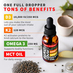 (2 Pack) Extra Strength Organic Vitamin D3 K2 Drops with MCT Oil, Omega 3, 10000 IU - Vitamin D Liquid, No Fillers, Non-GMO D3 for Faster Absorption and Immunity, Unflavored - (2 Fl Oz, 60 Servings)