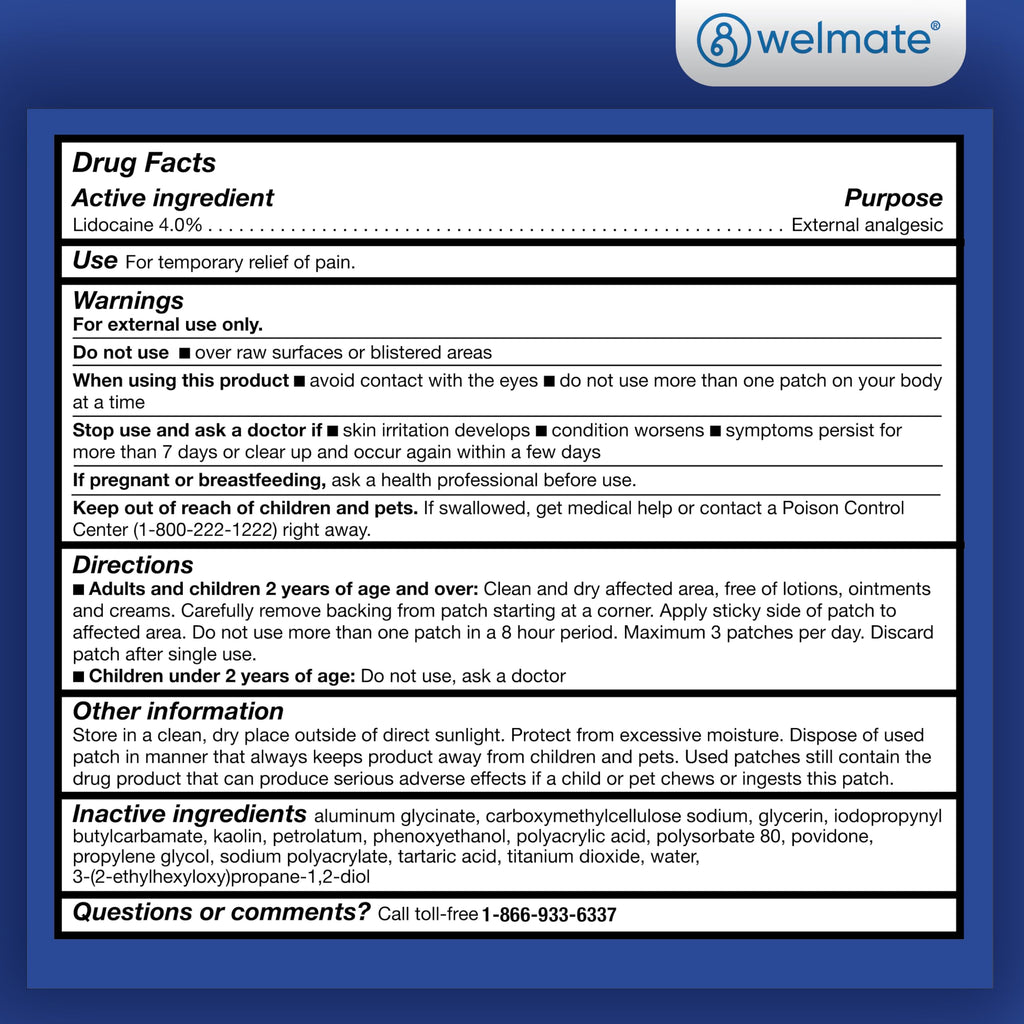 WELMATE - 4% Lidocaine Numbing Patch - Maximum Strength - Temporary Relief of Pain, Back, Neck, Shoulders, Knees, Elbows, Minor Skin Irritations - Topical Analgesic Unscented - 30 ct