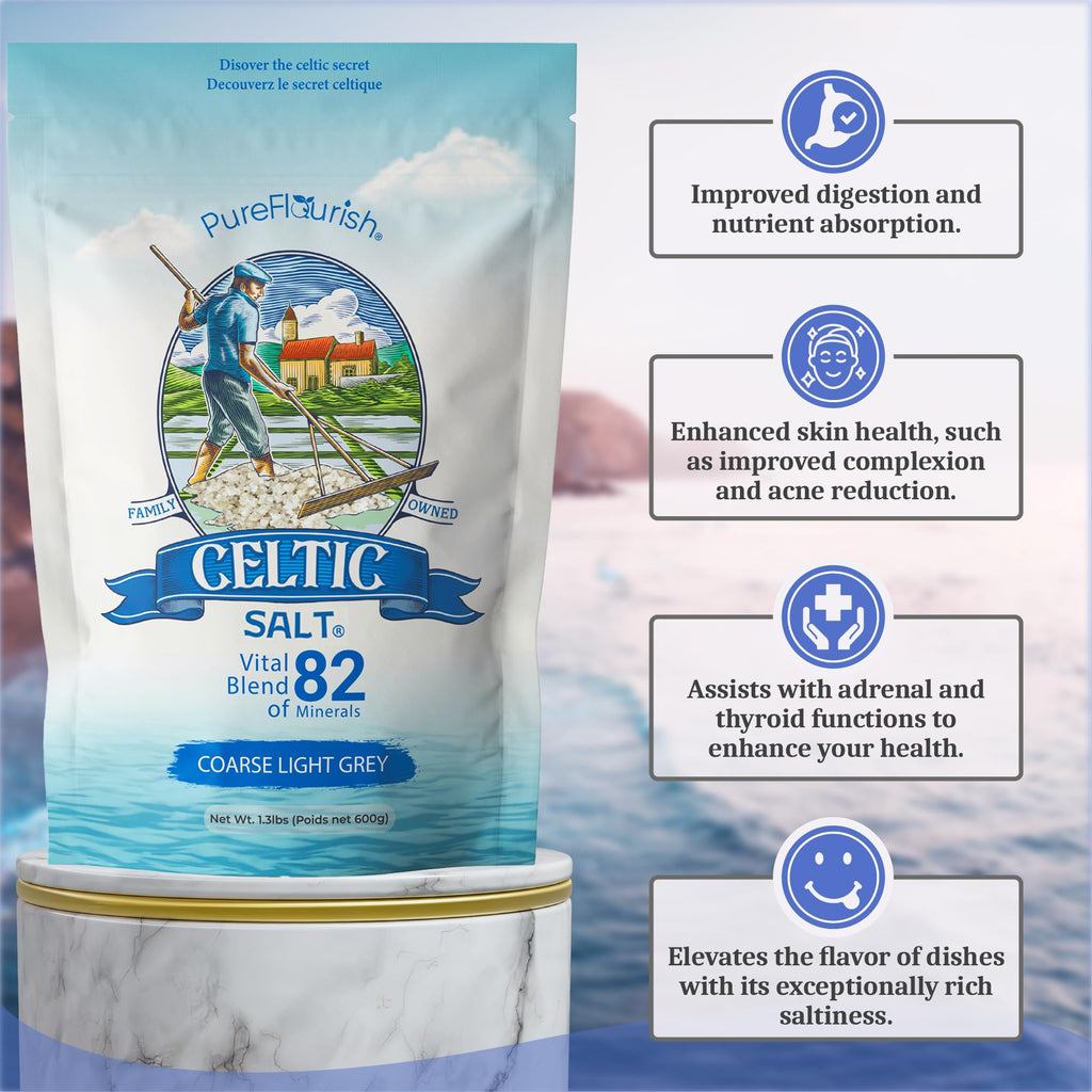 Pure Flourish Celtic Salt - 600g | 100% Organic Unrefined Celtic Salt | Rich in 82+ Essential Minerals | Hand Harvested Light Grey Celtic Salt Crystals from France