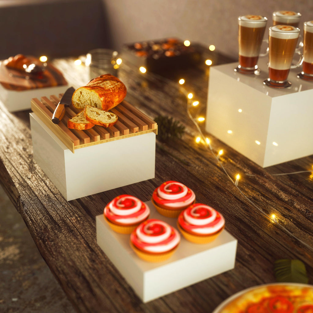 BreeziiDesign 8” Buffet Risers with Mini Signs, Buffet Table Risers and Stands, Acrylic Cube Display Box for Catering Party Table Food Display, Dessert, Cakes - White, Set of 4 Boxes (4 Pack)