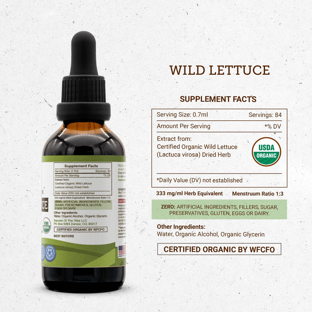 Secrets of the Tribe Wild Lettuce USDA Organic | Alcohol Extract, High-Potency Herbal Drops, Digestive | Made from 100% Certified Organic Wild Lettuce (Lactuca virosa) Dried Herb 2 oz