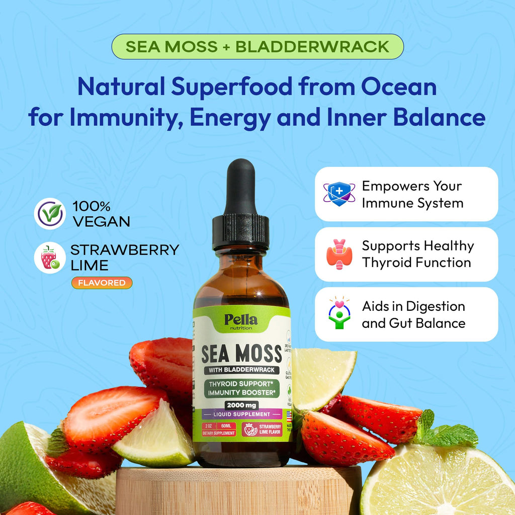 Pella Nutrition Sea Moss Drops with Bladderwrack – 4X Faster Absorption Than Irish Sea Moss Gel Superfood, Gummies, and Capsules – Digestive & Immune Support Supplement (Strawberry Lime, 60mL)