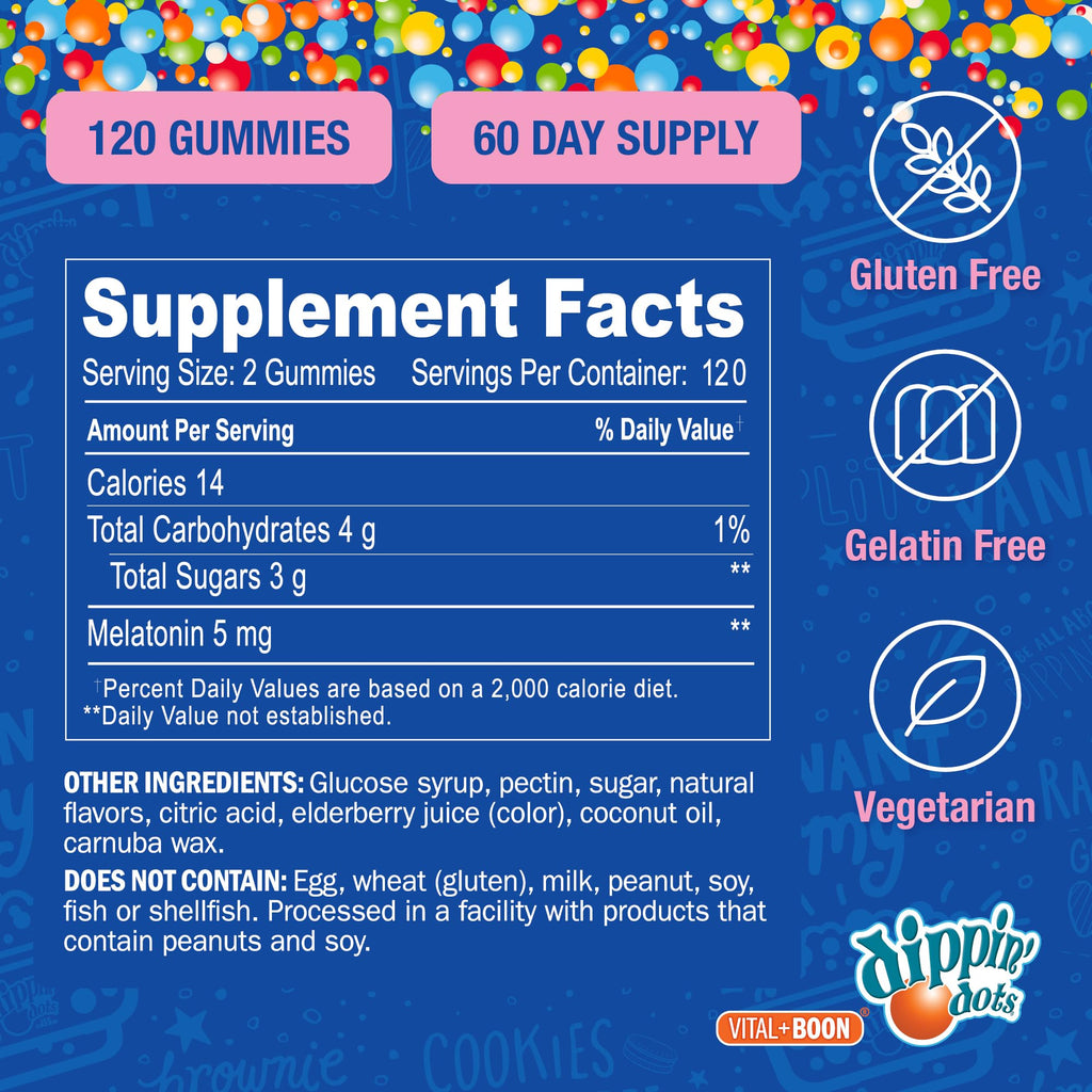 Dippin Dots - Melatonin Gummies for Kids & Adults (30 Day Supply) Strawberry Sunset Creme Flavor | 2.5mg Per Kids Melatonin Gummy | Supplement for Faster & Longer Sleep | Gummies for Children (120 Ct)